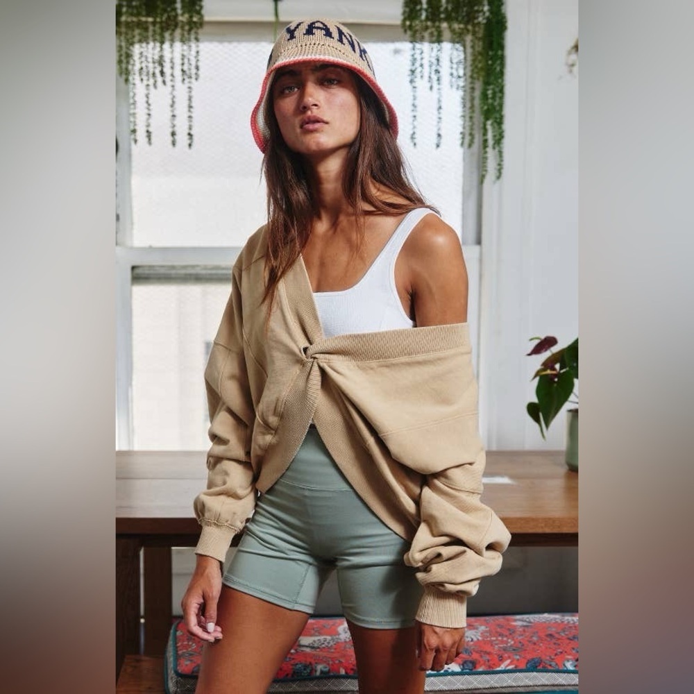 BUCKETLIST Taupe Reversible Twist-Front Washed Terry Sweatshirt Top